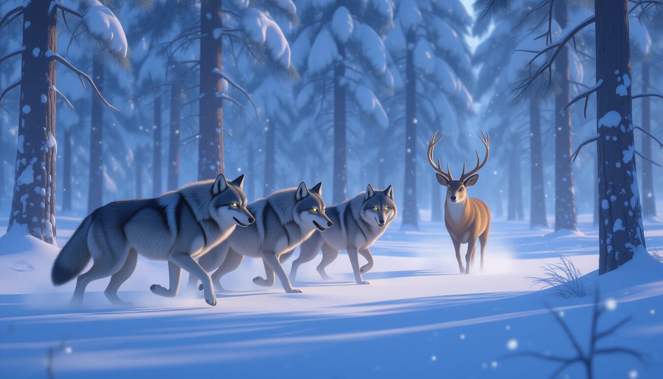 Wolves Hunt Deer in Snowy Forest Tundra: 3D Artwork