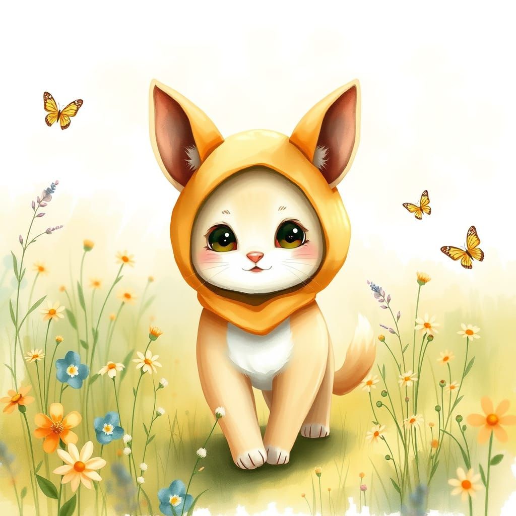 Whimsical Feline Adventure in Watercolor Style