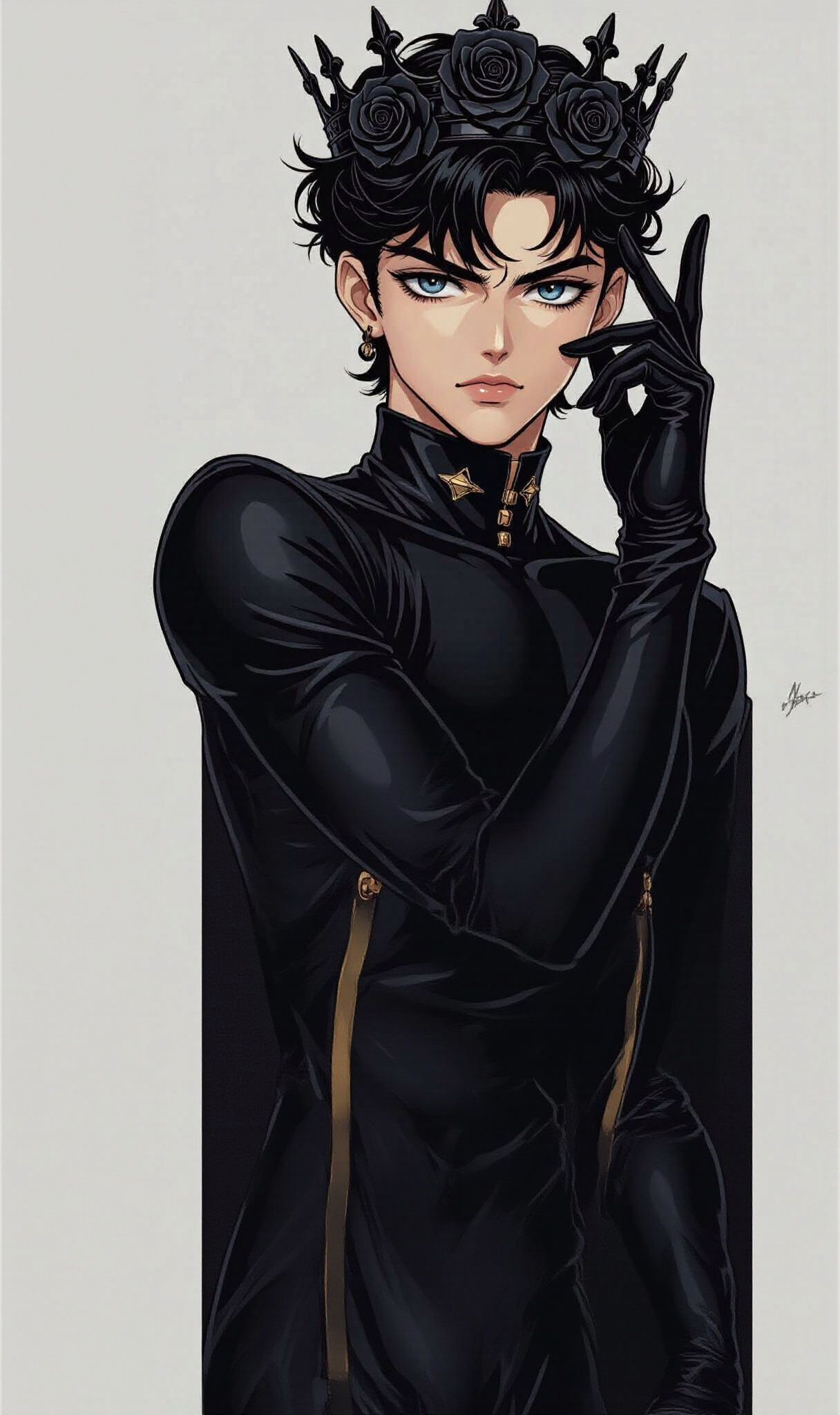 Anime Jojo Character with Black Crown and Roses