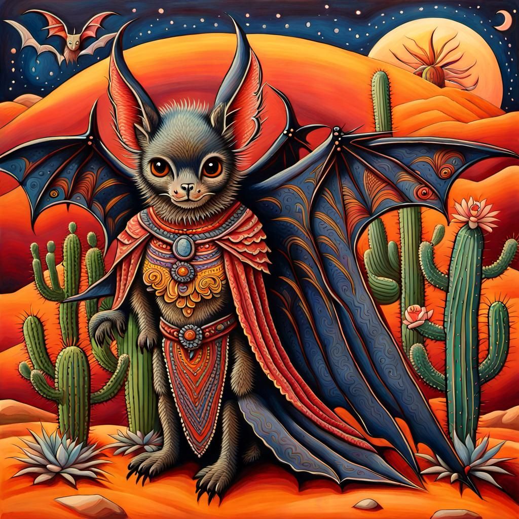 Bats and Cactus: Naive Folk Art Desert Scene