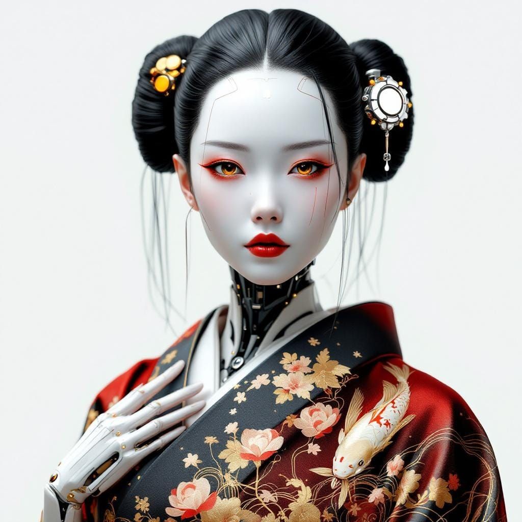 Cybernetic Geisha in Kimono with Biomechanical Design