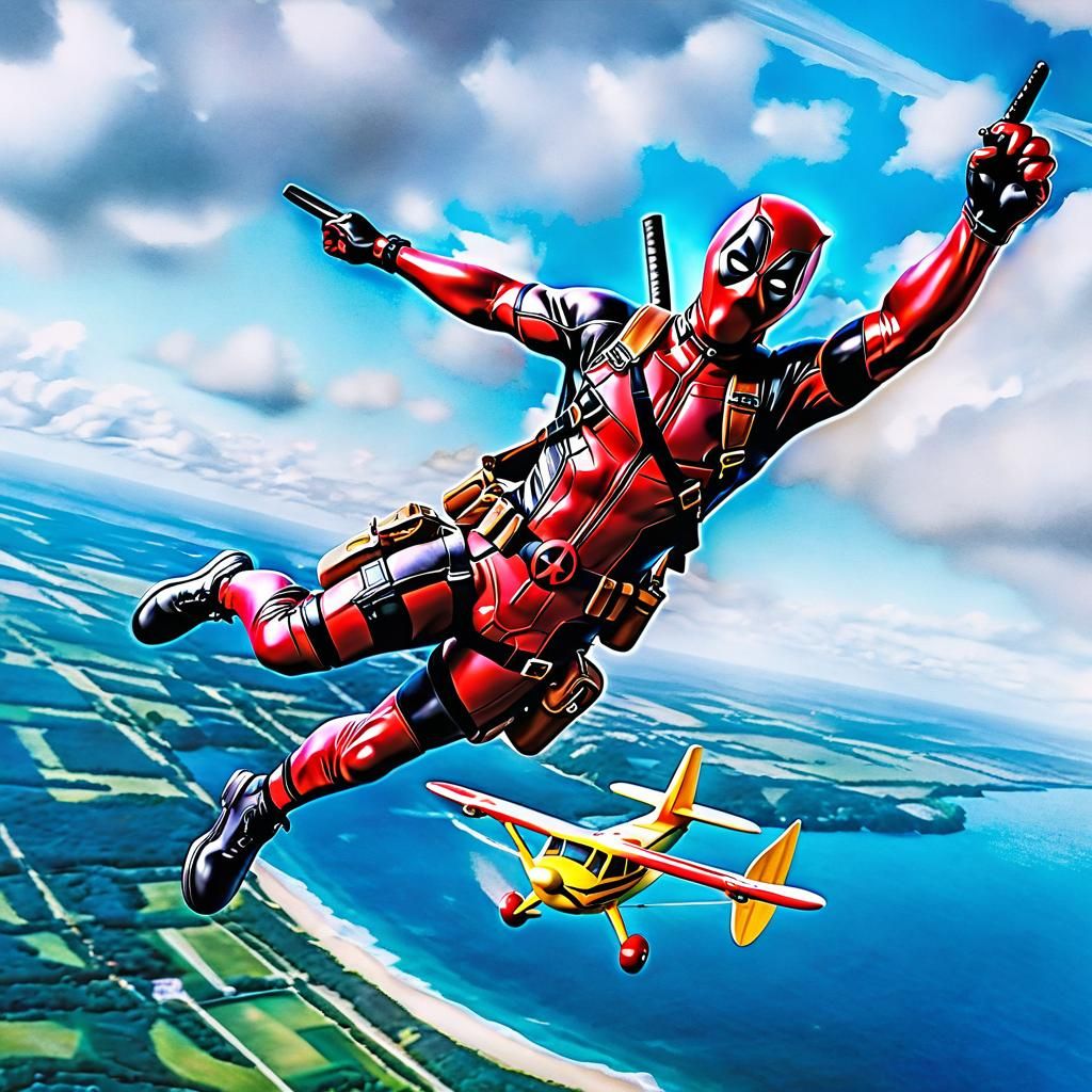 Deadpool Skydiving: Mixed Media Figurine Art