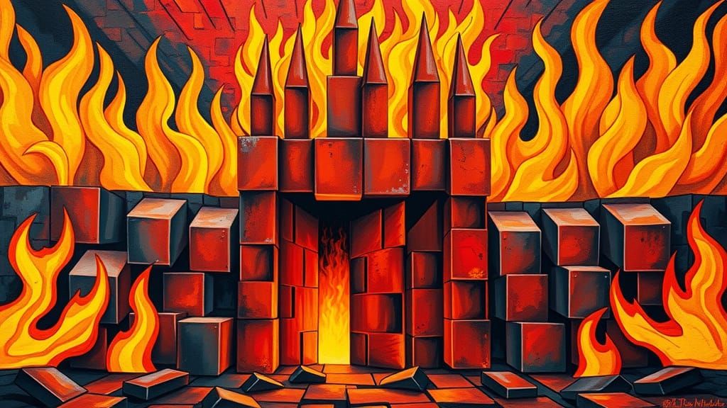 Surreal Cubist Gates of Hell in Pop-Art Flames