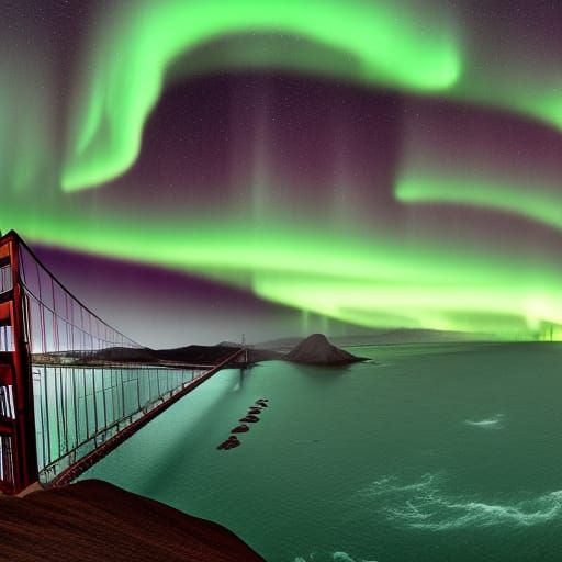 golden gate bridge during a tsunami & meteor showers during a stunning aurora borealis   detailed matte painting, deep c...