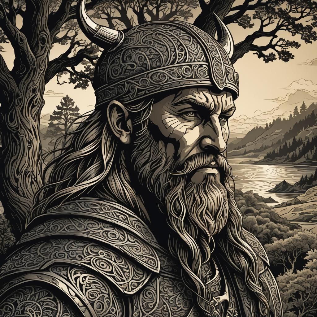 Viking Portrait in Woodcut Style With Landscape Background
