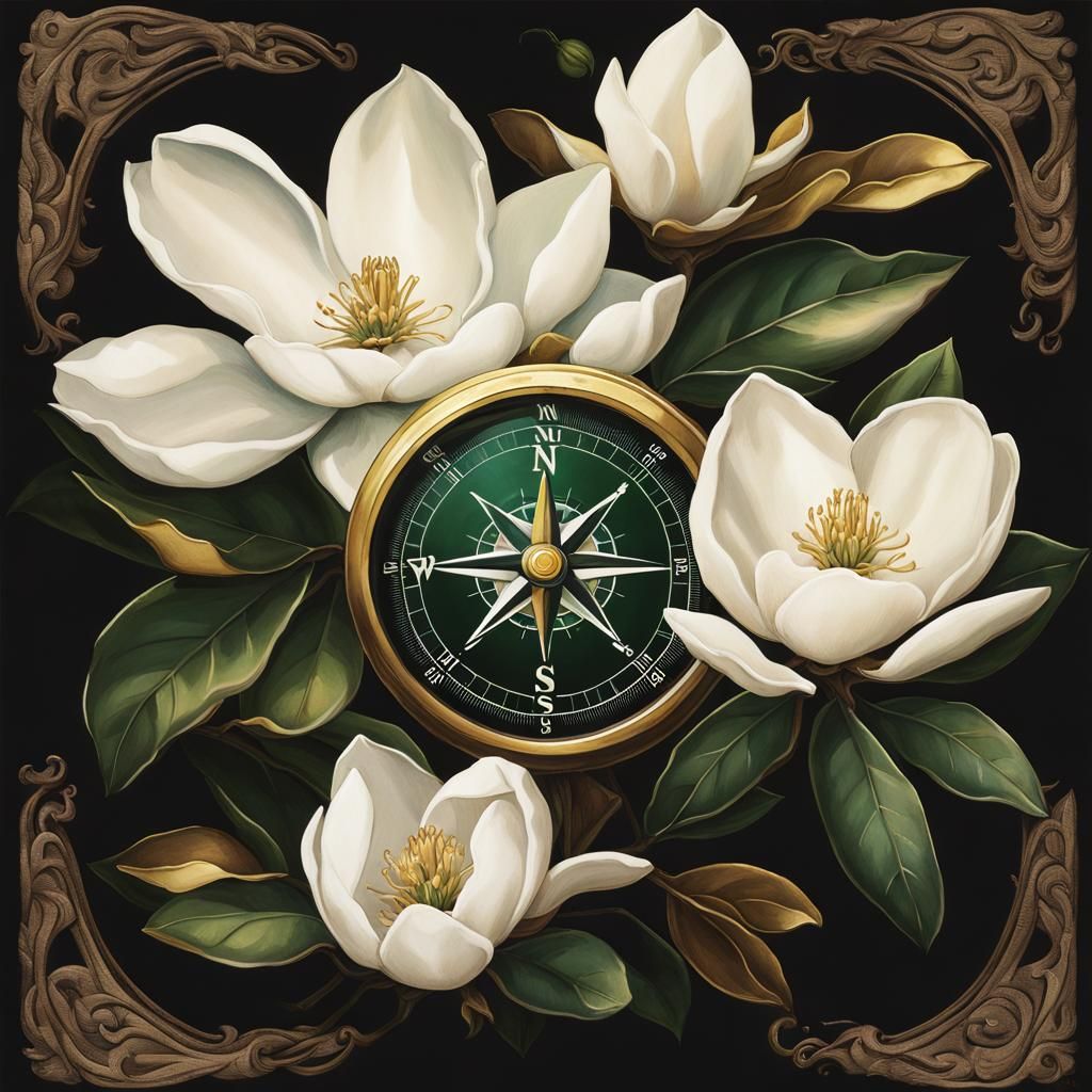 Elegant Magnolias and Vintage Compass with Golden Aura