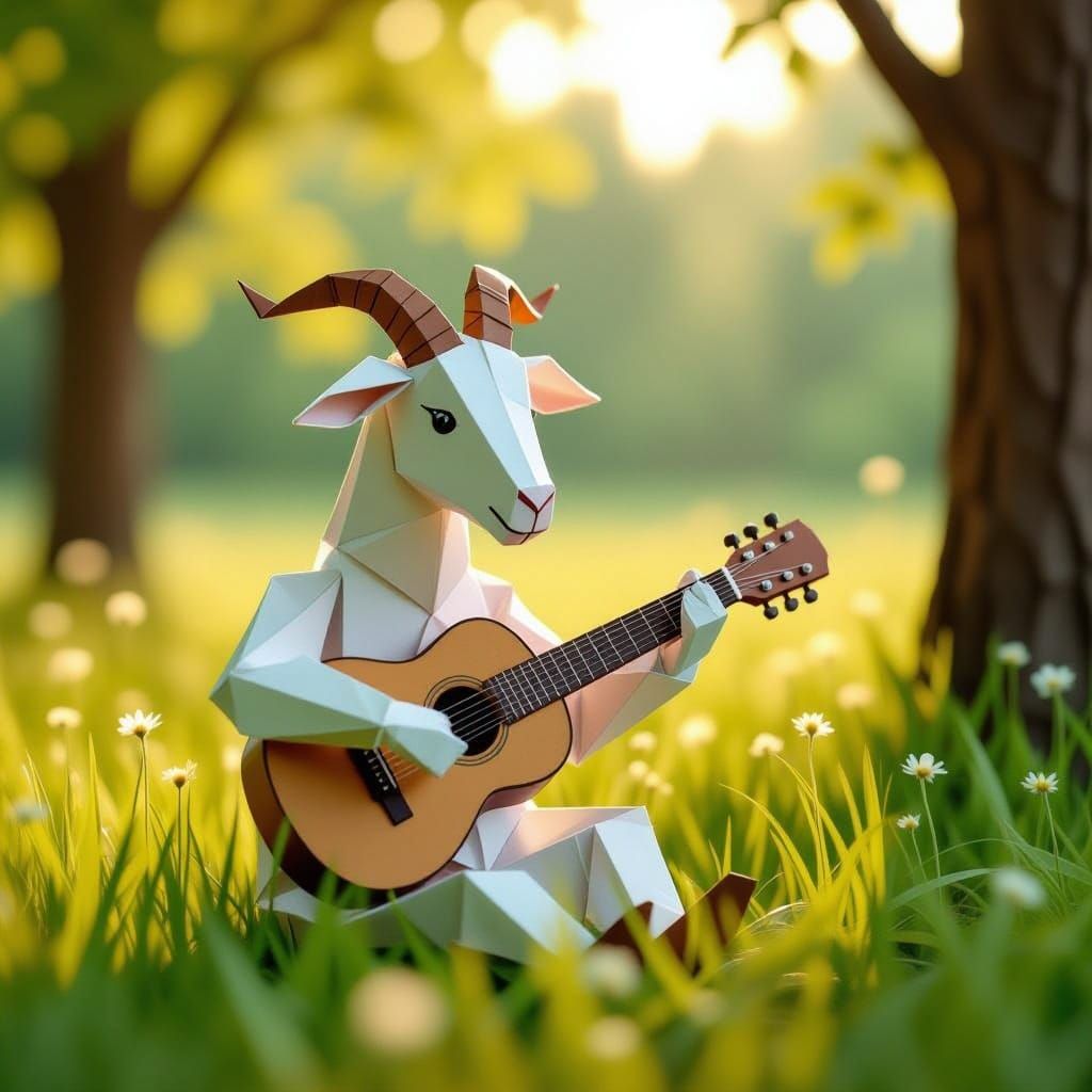 Origami Goat Musician Plays Guitar in Sunlit Field