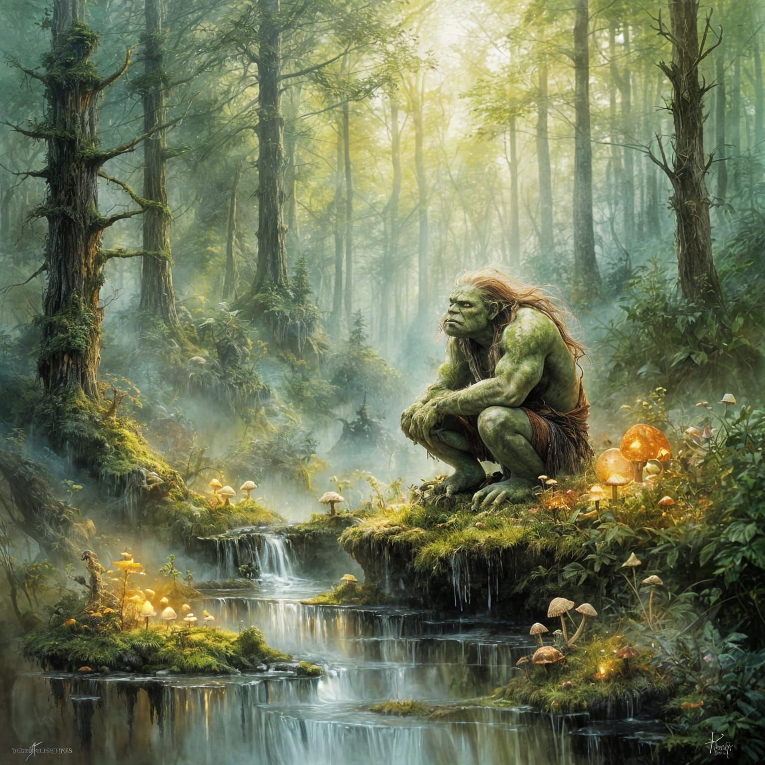 Mossy Troll in Misty Forest, Fantasy Art Masterpiece