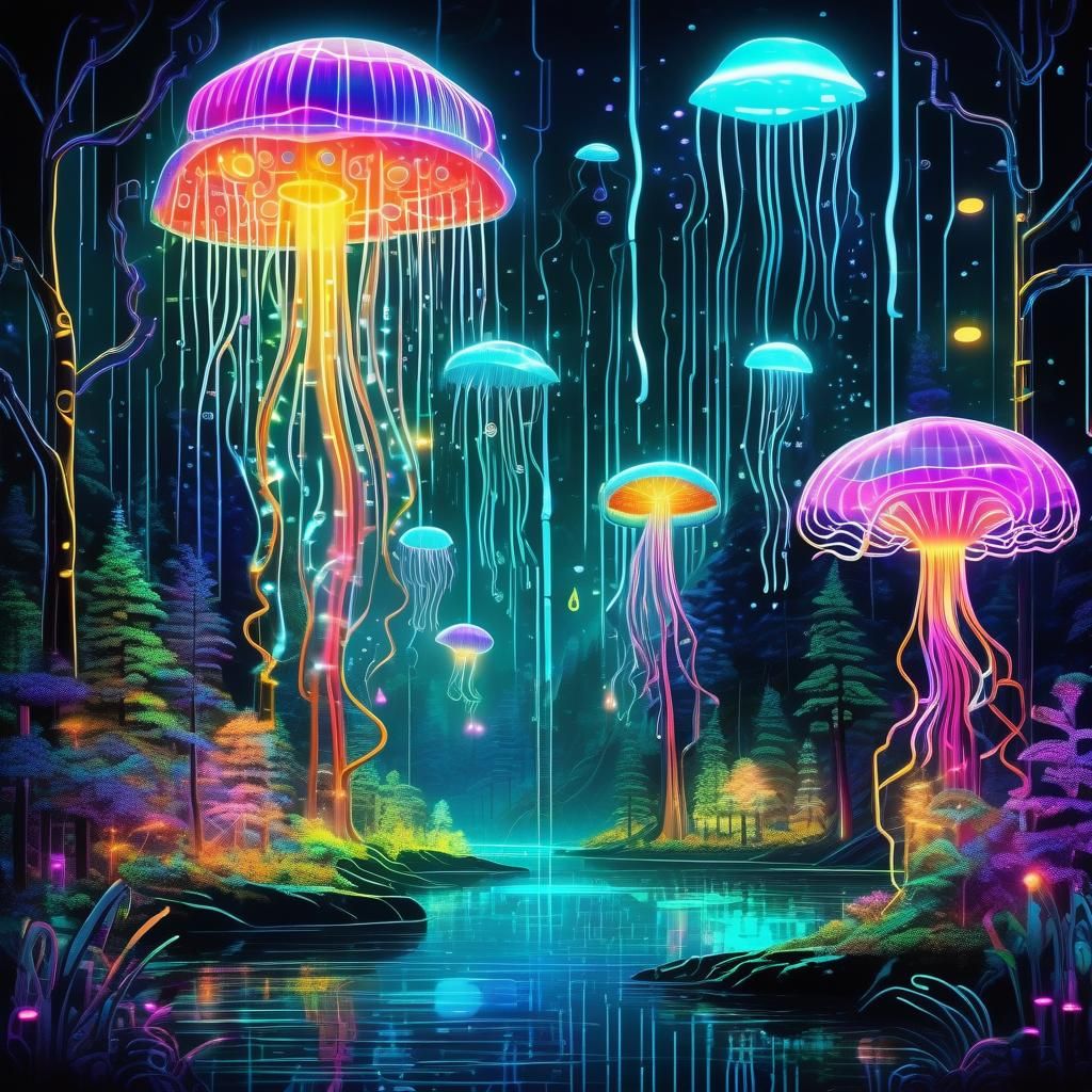 Bioluminescent Biopunk Forest with Neon Flora and Fauna