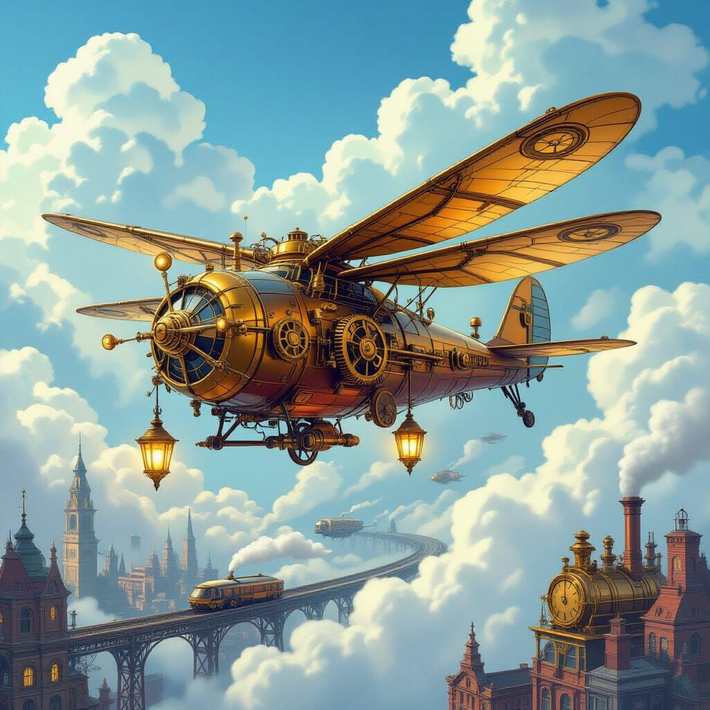 Steampunk Dragonfly Airship Soaring Through Clockwork Skies