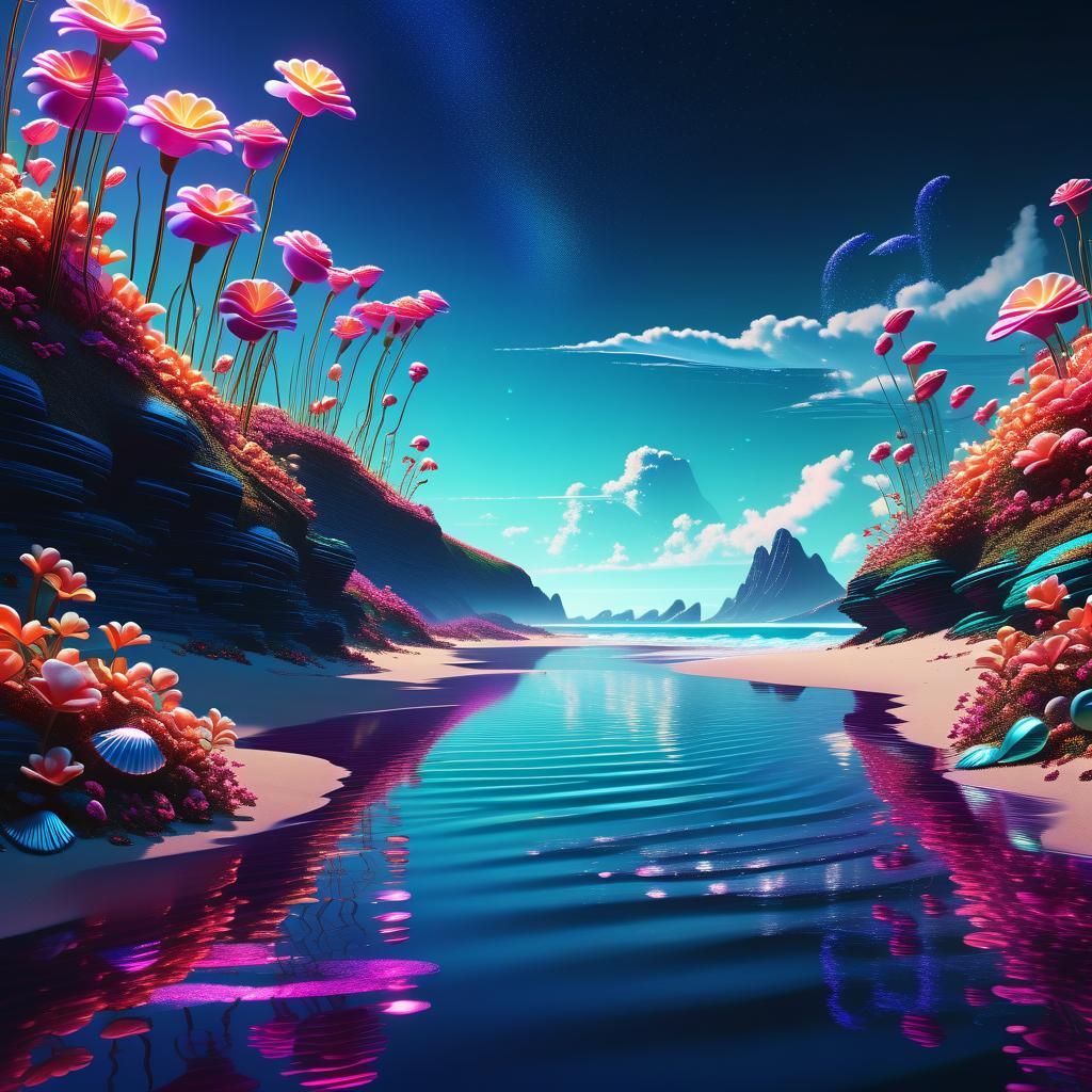 Retrowave Coastline in Shimmering 4D Digital Art
