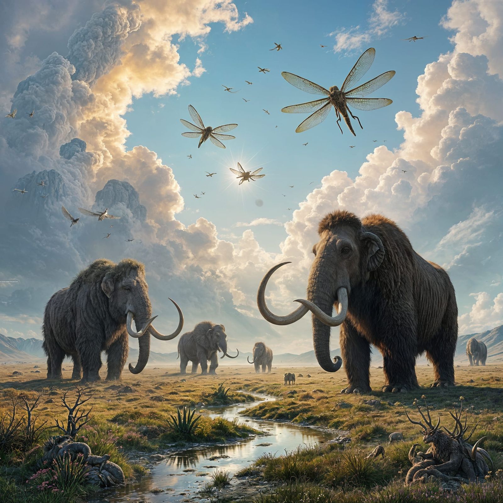 Prehistoric Landscape with Woolly Mammoths and Dragonflies
