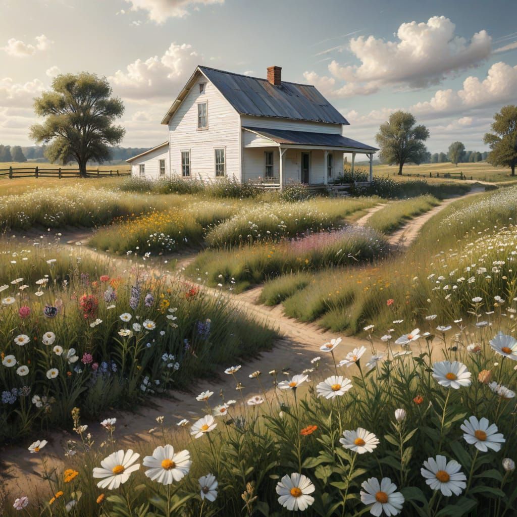 White Farmhouse in Wildflower Field: Hyper-Realistic Digital...