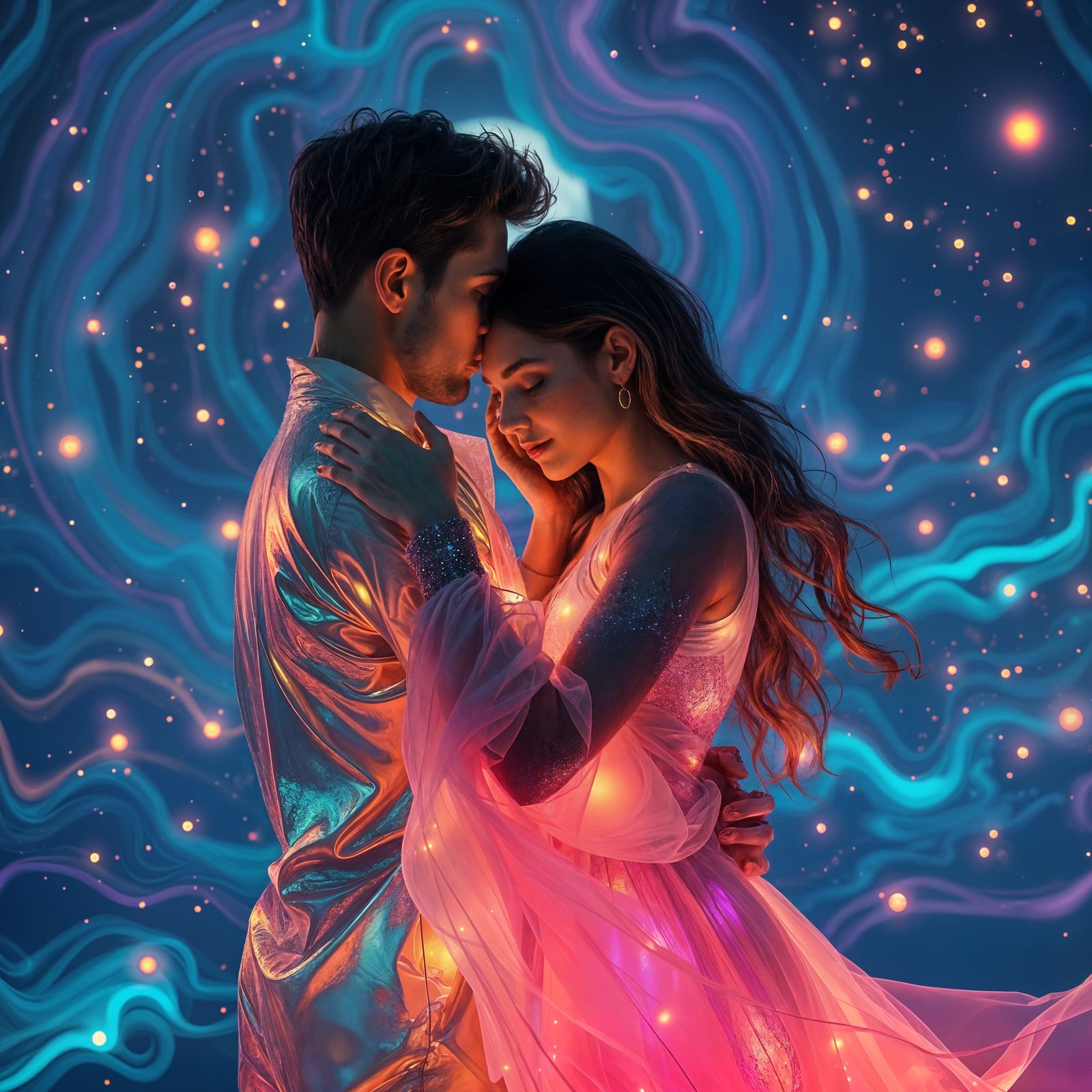 Surreal Couple Lost in Vibrant, Dreamlike Embrace