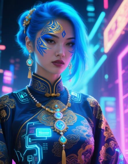 Cyberpunk Woman with Blue Hair and Holographic Jewelry