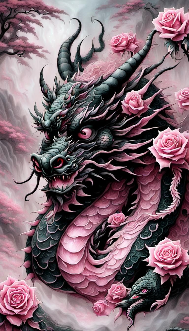 Black and pink  Chinese Dragon, with roses