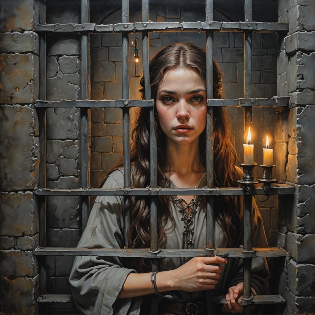 Girl Imprisoned in Medieval Dungeon, Realistic Oil Painting