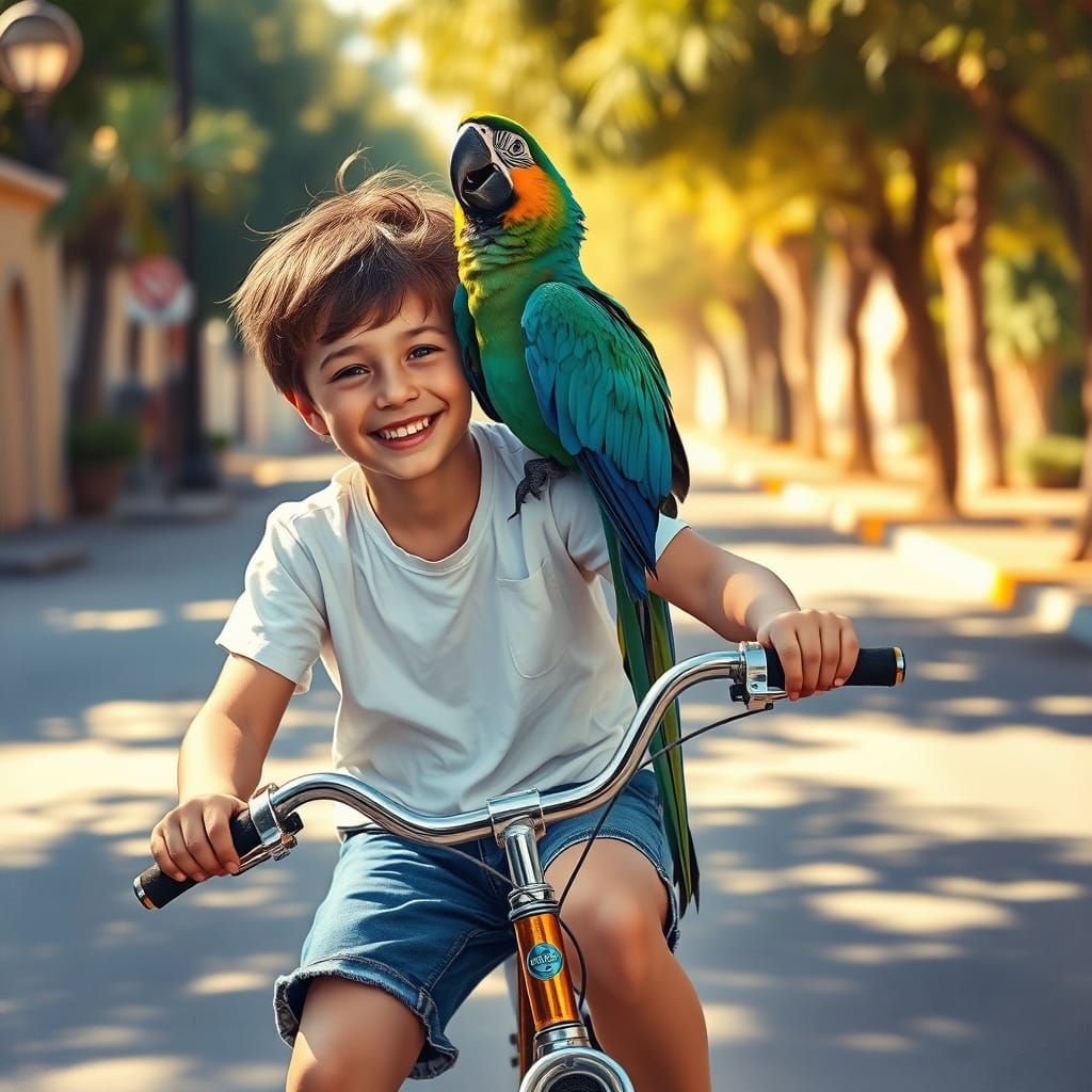 Boy Riding Bike with Colorful Parrot in Impressionist Style