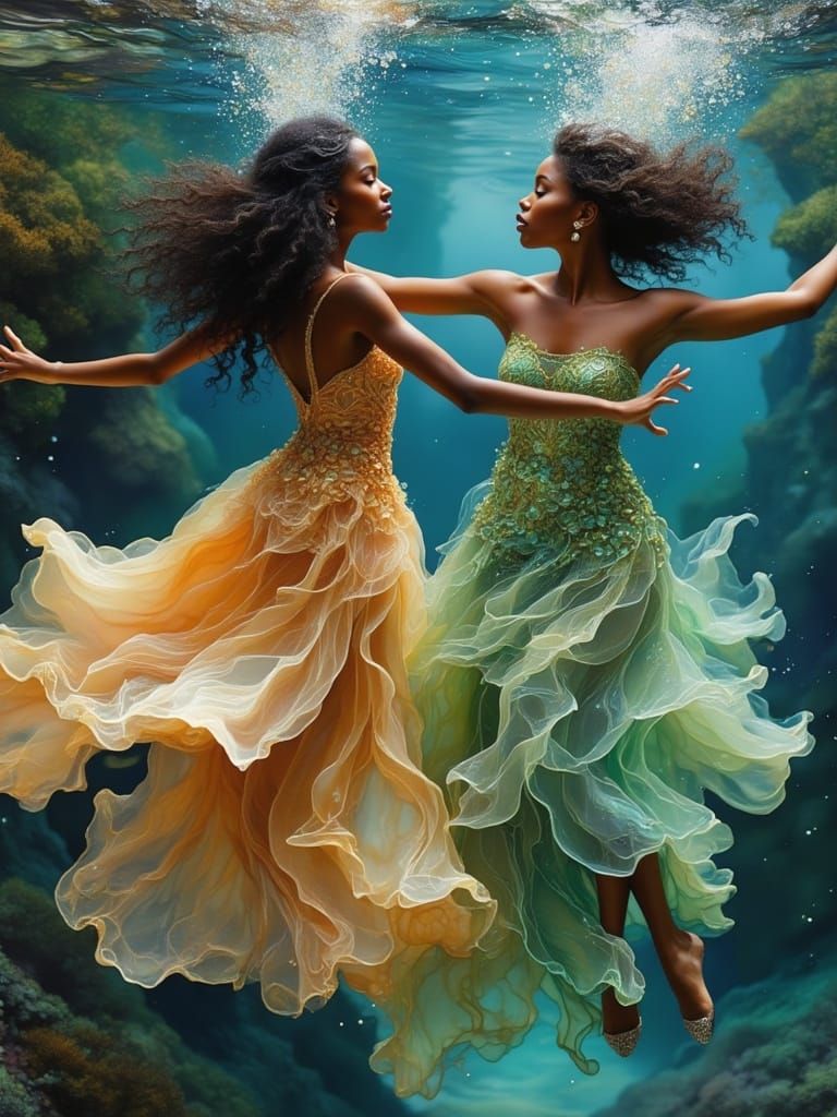 Ethereal Black Ballerinas Swim Underwater in Flowing Gowns
