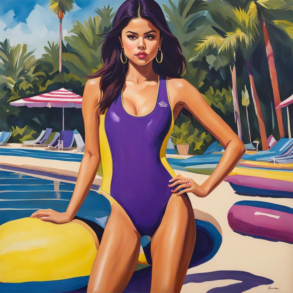 Selena Gomez in Gouache Painting with Purple Swimsuit