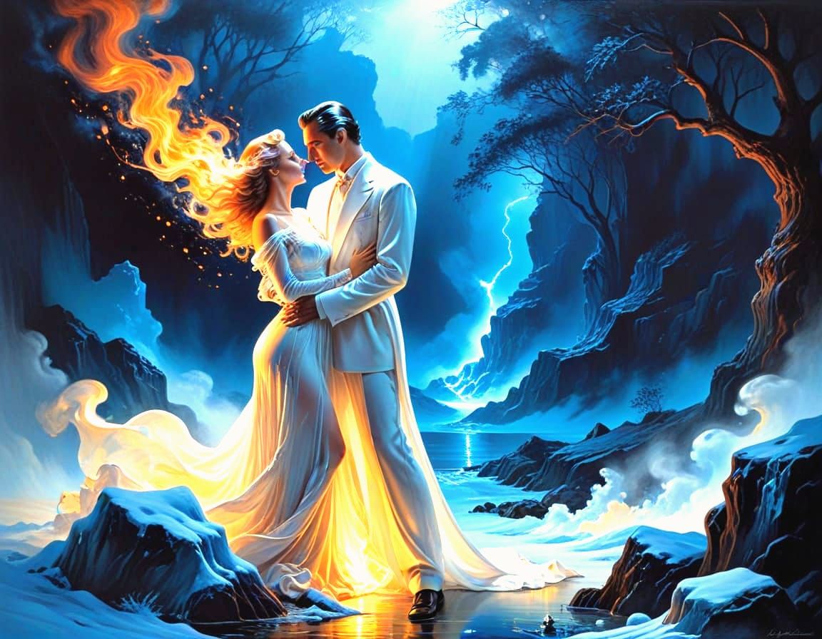 Fiery Man and Icy Woman Embrace: Surreal Oil Painting