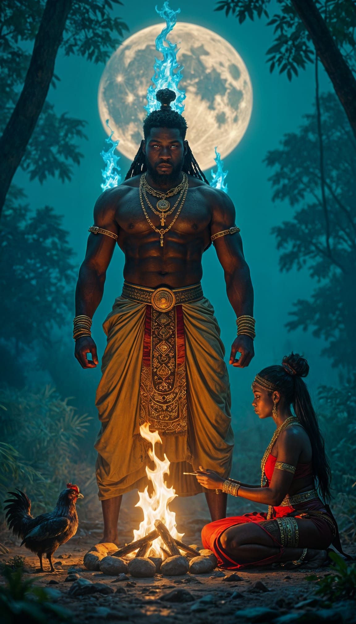 Nigerian Fire God in Moonlit Forest