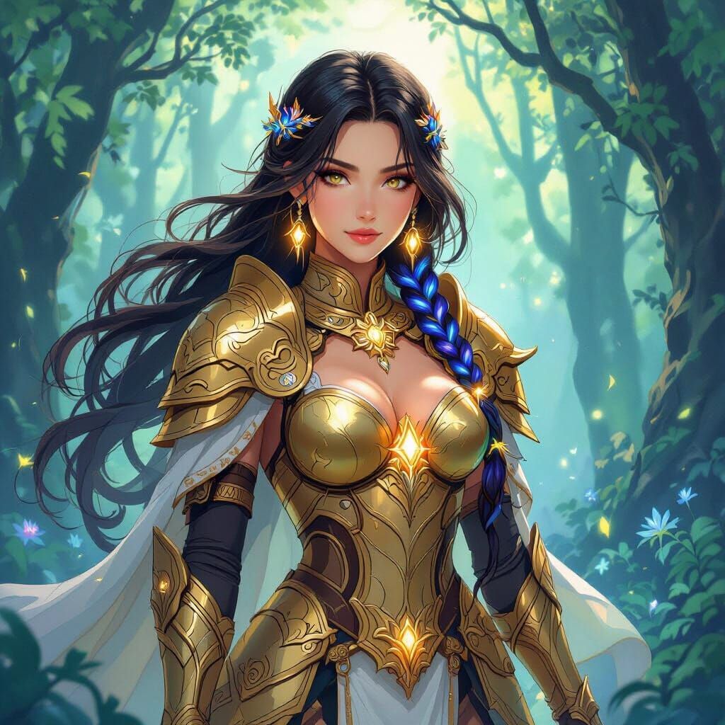 Warrior Woman in Bioluminescent Forest, Gouache Style