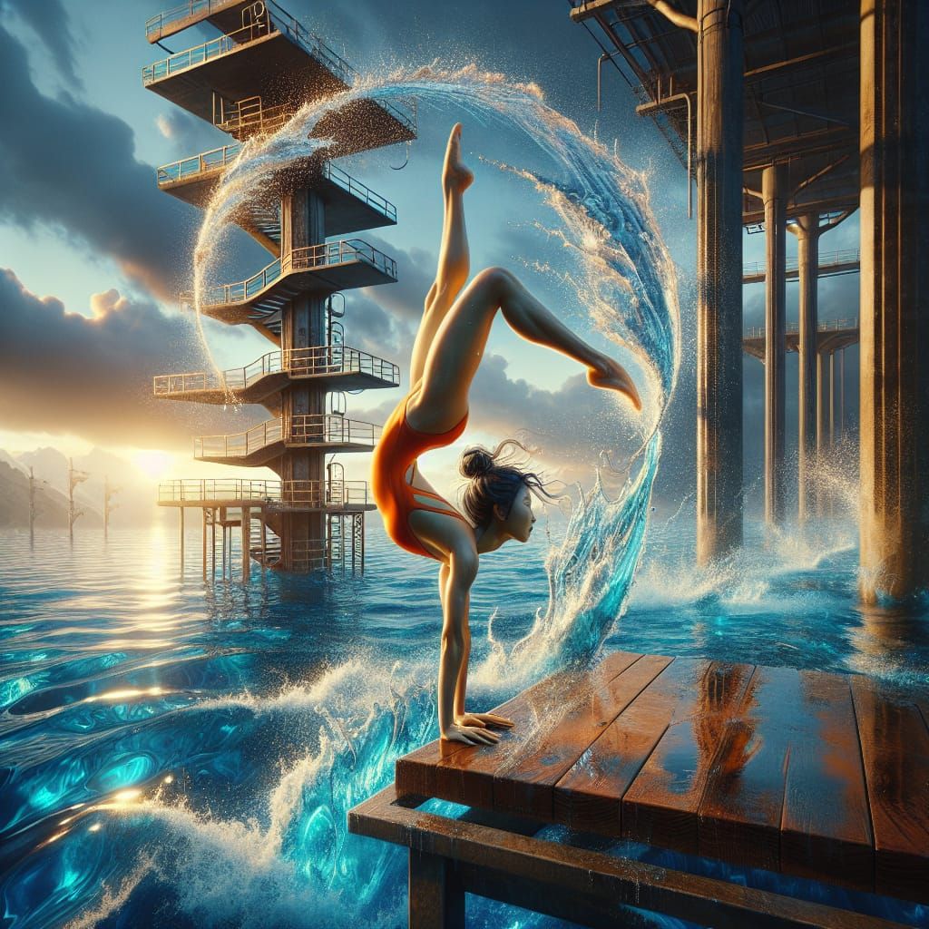 Woman's Handstand on Diving Tower in Matte Painting Style