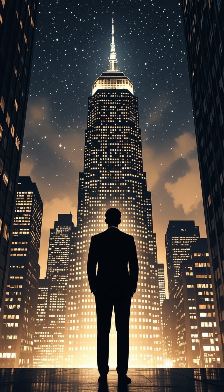 Man in Suit Before Dark Skyscraper at Night