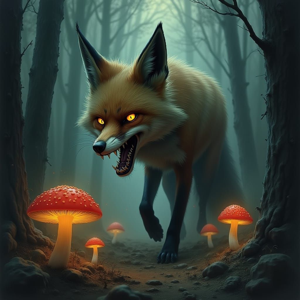 Mystical Fox in Dark, Surreal Landscape