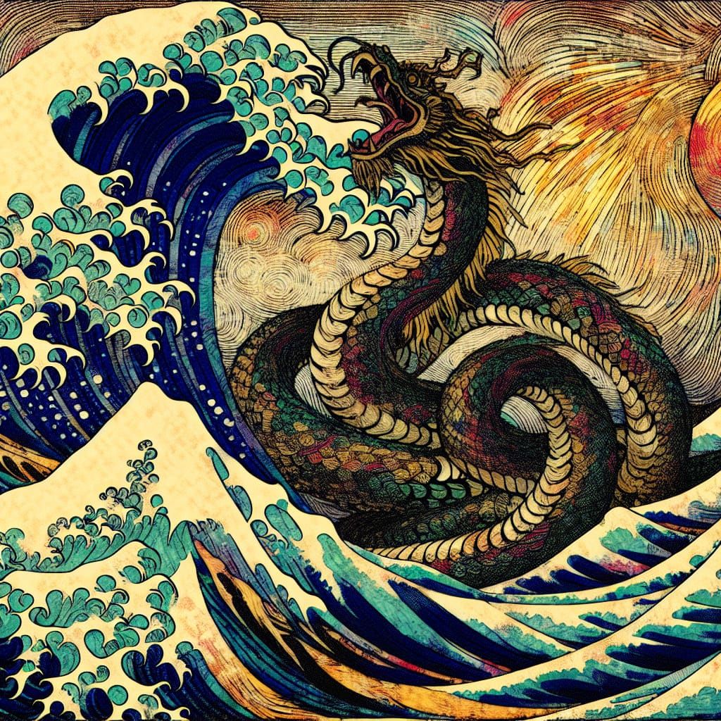 Jormungandr: Serpent of Nordic Myth in Ukiyo-e Style