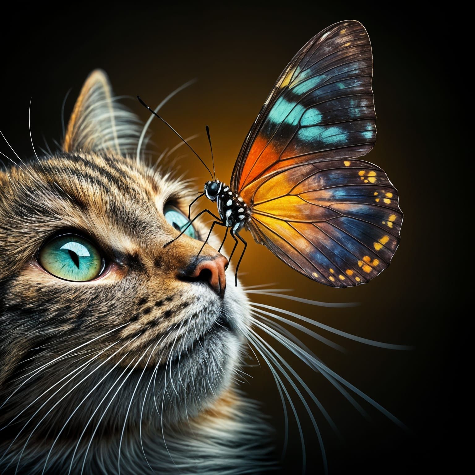 Vibrant Butterfly on Cat's Nose in Surreal Line Art