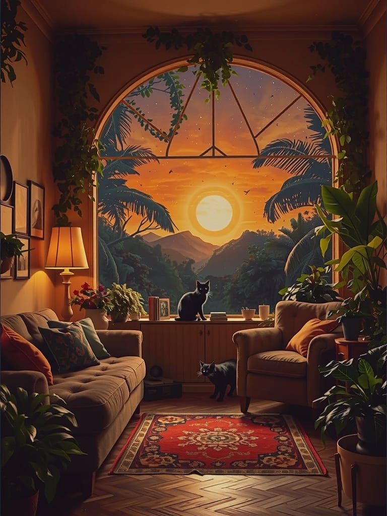 A black cat walking across a living room with a black sofa u...