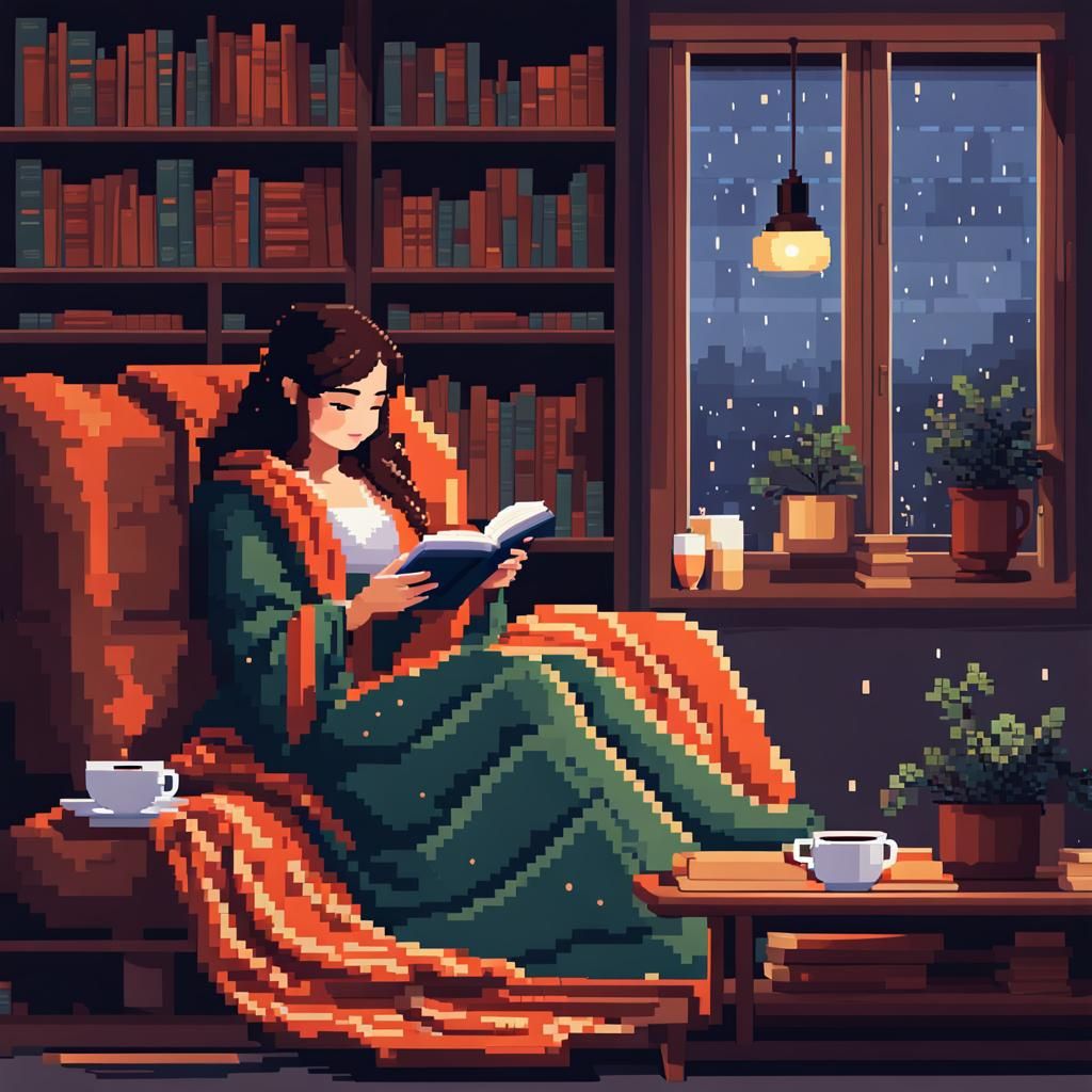 Cozy Pixel Art of Woman Reading on Rainy Day