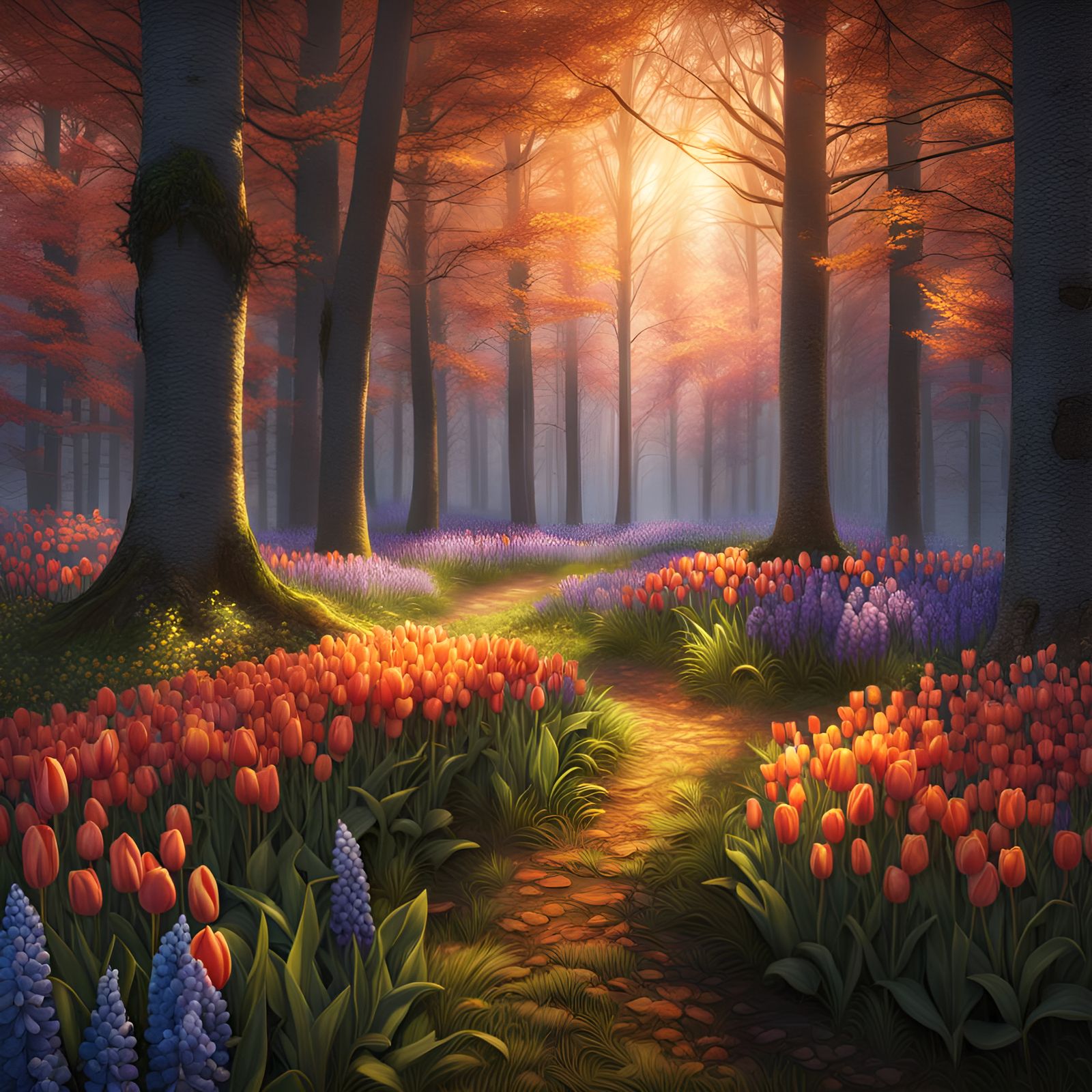 Spring Forest at Sunrise: Detailed Oil-Guache Painting