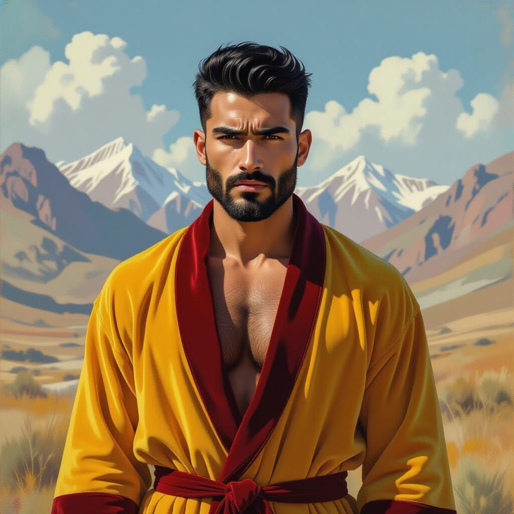 Wrathful Man in Bathrobe: Impressionist Mountain Portrait