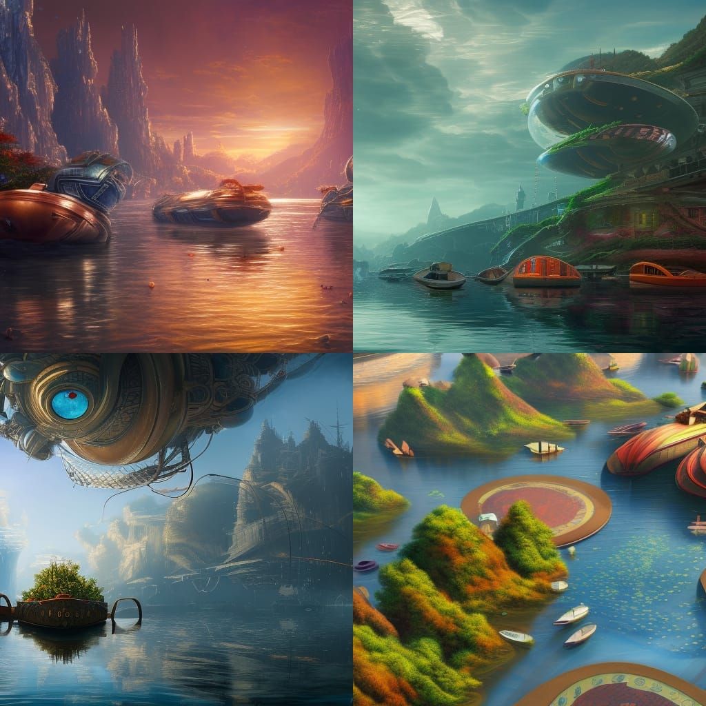 Riverscape: Boats in Floating Glass Sphere