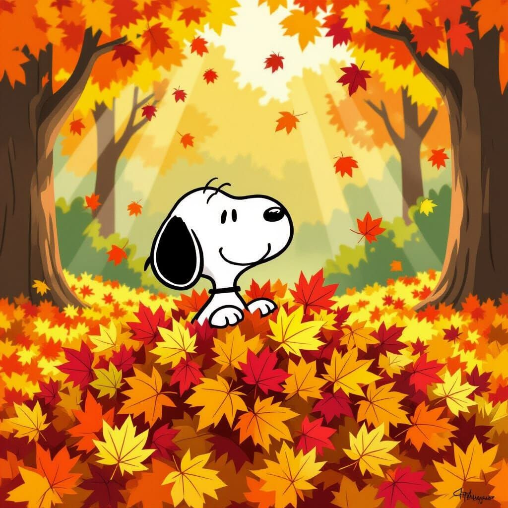 Snoopy Peeking From Autumn Leaves in Comic Strip Style