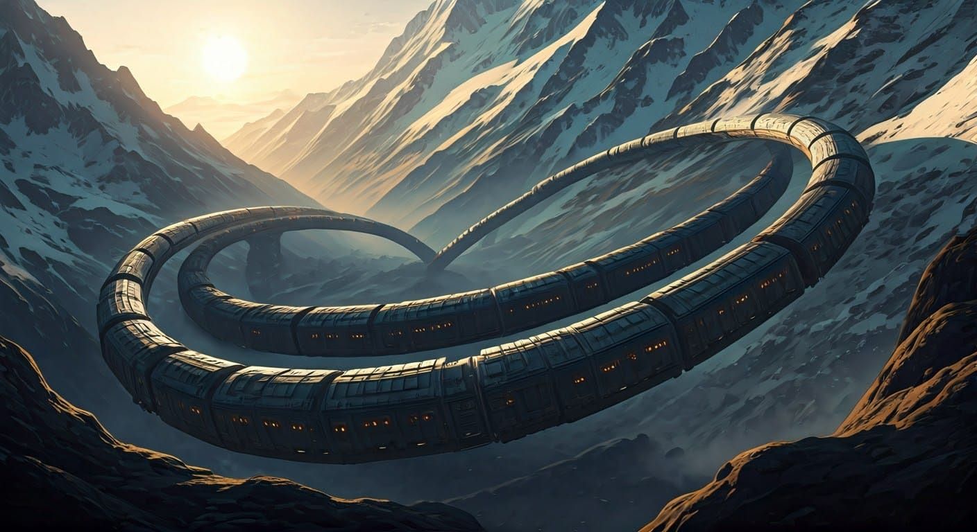 Majestic Train Devours Its Own Tail Down Snow-Capped Mountai...