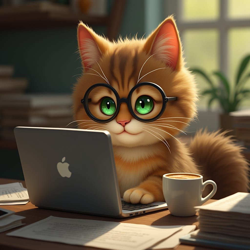 Whimsical Office Cat Works from Home with Coffee and Laptop