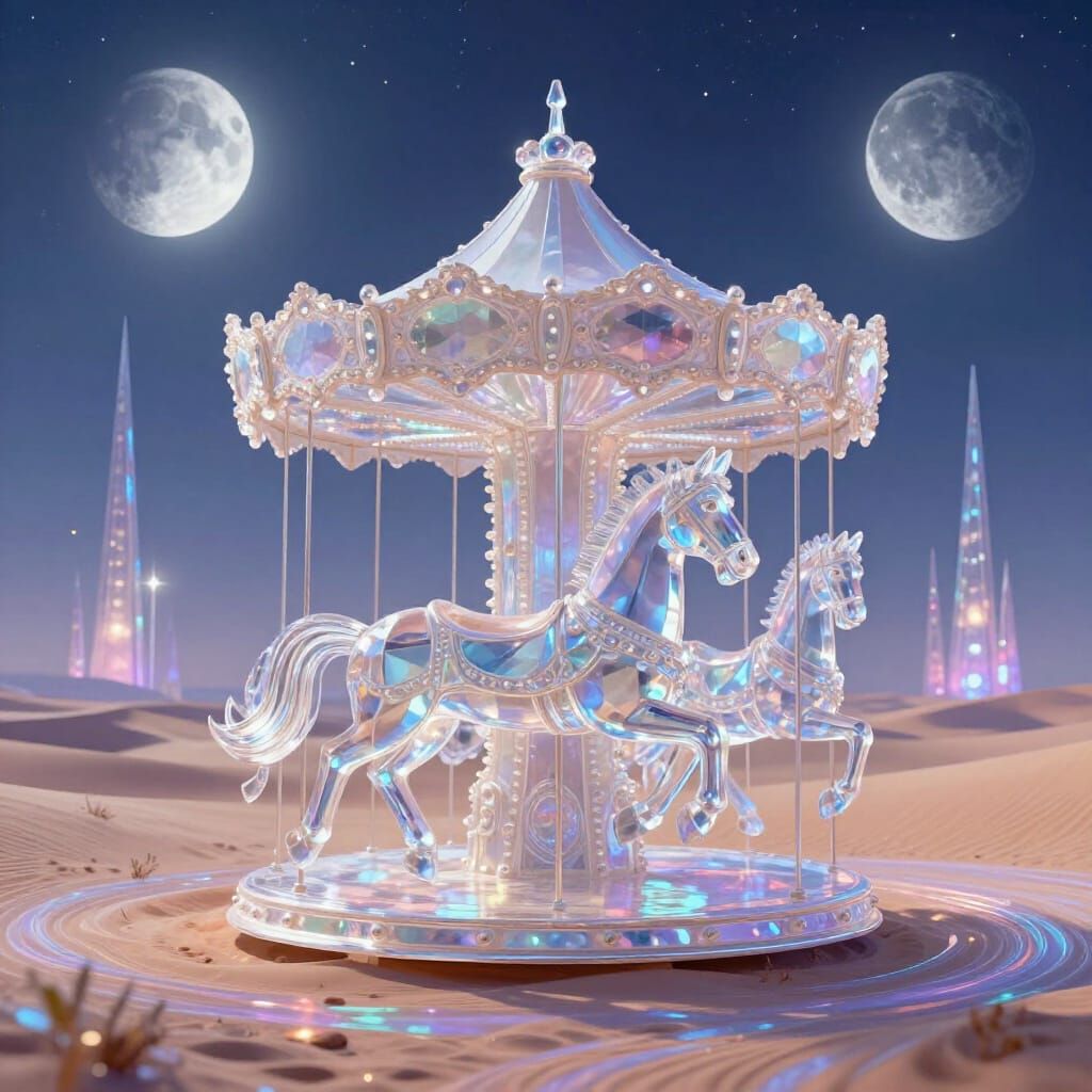 Crystal Carousel Horse in Iridescent Desert Under Dual Moons