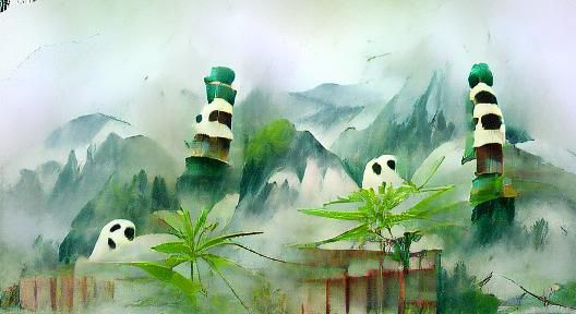 Chinese Misty Mountains with Panda and Pagoda