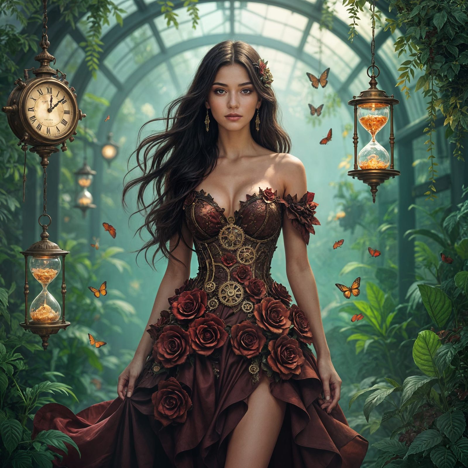 Steampunk Greenhouse with Woman in Metallic Rose Dress