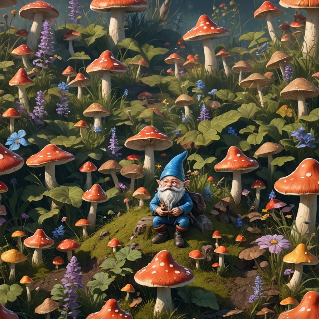 Gnome in Field of Magic Mushrooms, Detailed Matte Painting