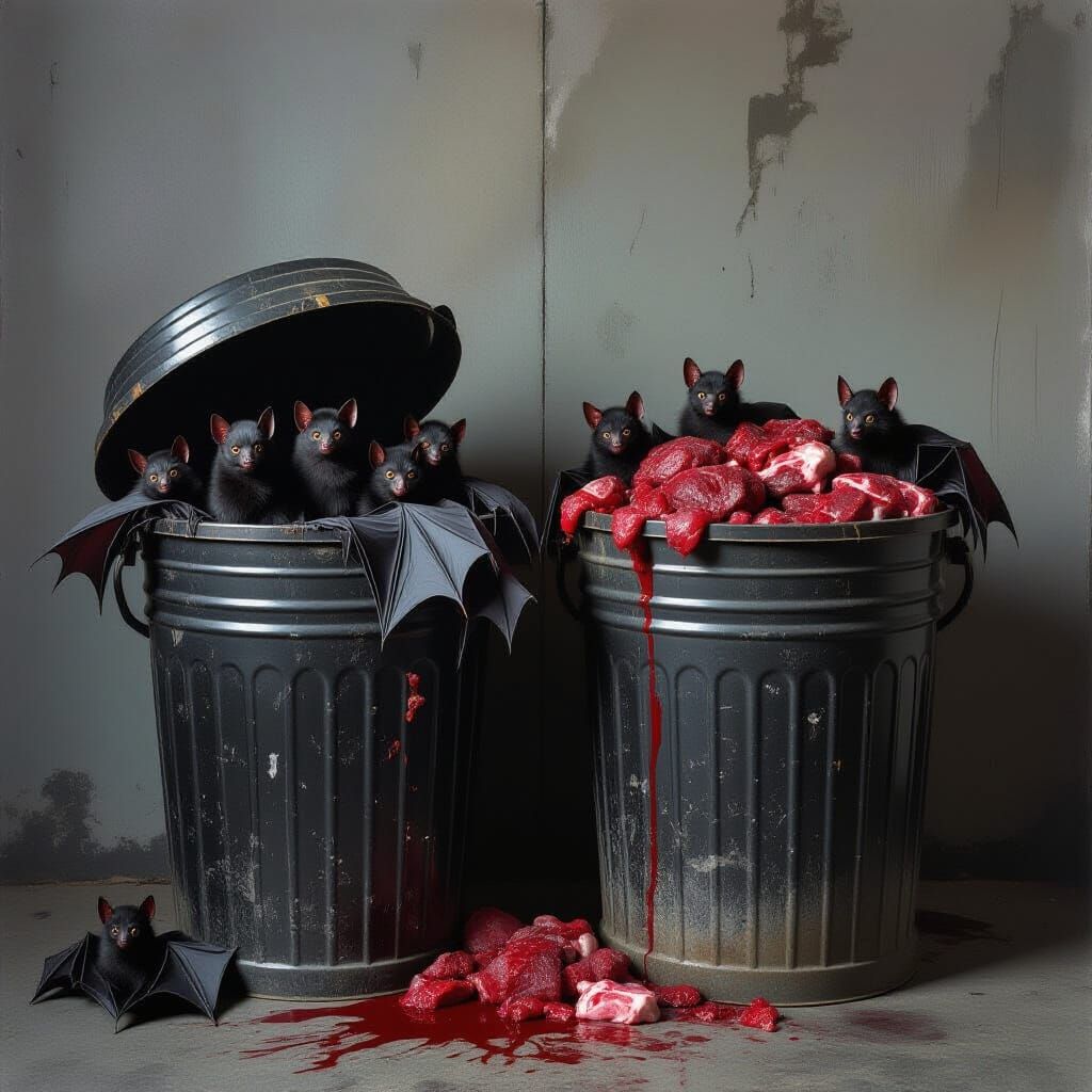 Overflowing Bat Trash Can Next to Bloody Meat Bin