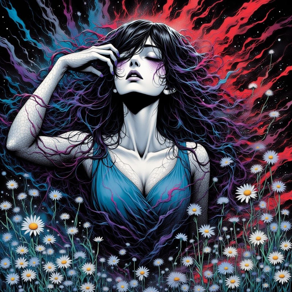 80s Anime Woman in Fractal Zentangle Power Surge