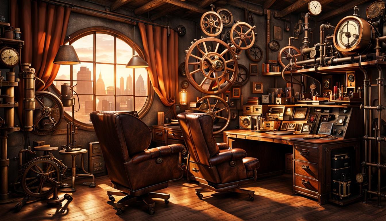 Steampunk Home Interior with Cogs and Amber Lights