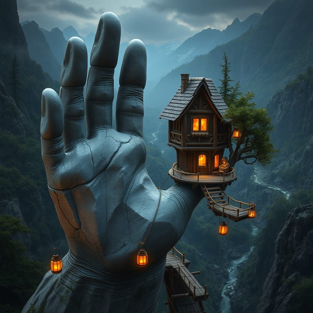 Majestic Stone Hand Rises in Serene Mountain Valley