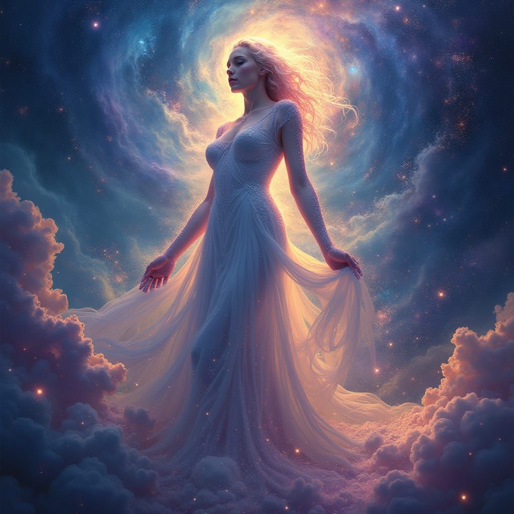 Celestial Goddess Emerges from Nebula in Cosmic Horror Style