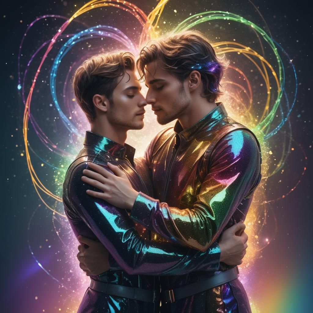 Futuristic Surrealist Embrace with Rainbow Sparkles